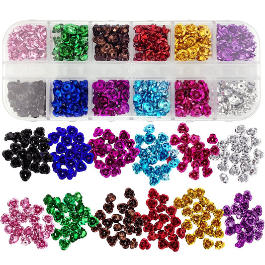 480pcs Alloy Rose Spacer Beads 6mm Metal Flower 3D Charms 12 Colors for Jewelry Making Hair Pin Nail Art Decoration DIY Craft