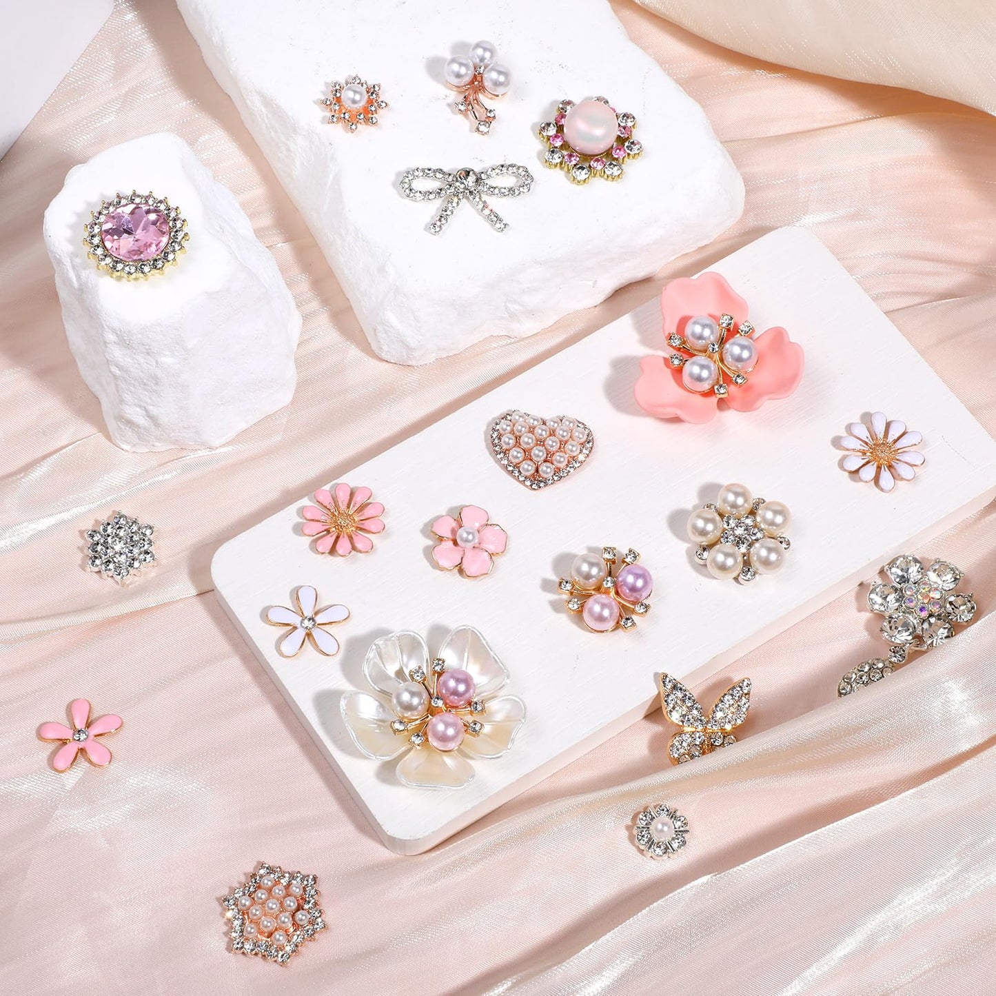 96 Pcs Rhinestone Buttons for Crafts Pink Faux Pearl Embellishments Buttons Butterfly Flower Brooch for Jewelry Making DIY Wedding Bags Supplies