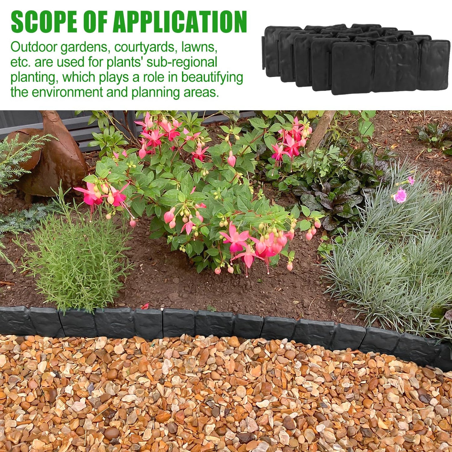 Garden Edging Border NO DIG, with Landscape Edging Anchoring Spikes, Black Stone Effect Plastic Lawn Edging Fencing, Interlocking Yard Lawn Edging for Flower Bed | 32 Ft | 40Pcs | Black |