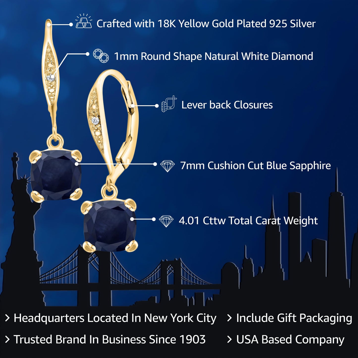 Gem Stone King Drop Dangle Earrings For Women | 7MM Cushion Cut Gemstone Birthstone and Diamond | 925 Sterling Silver | Jewelry Gift for Mom Wife Her | Blue Sapphire-September | Yellow Gold