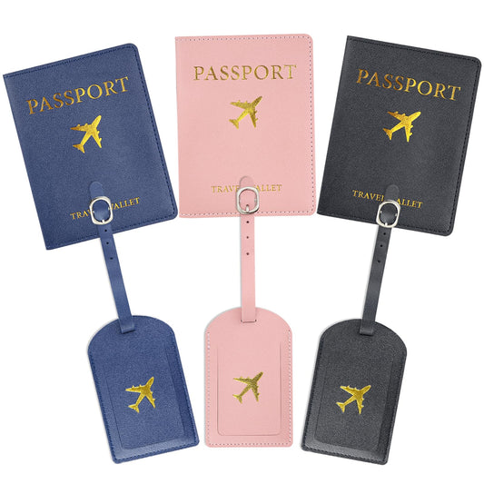 3PC Passport Covers Holder and Luggage Tags Set - Leather Travel Passport Wallets for Women & Men, Honeymoon Wedding Gift with Luggage Tags (Pink, Black，Blue