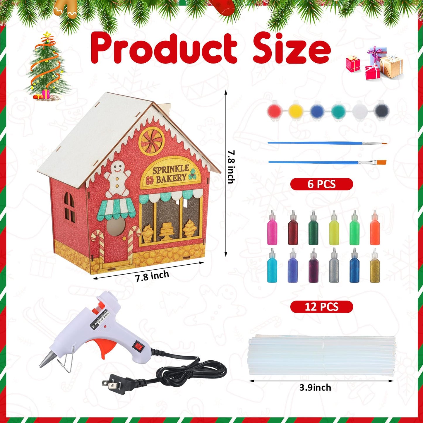 Thyle 6 Pcs DIY Wooden Christmas Gingerbread House Paints Kit, Unfinished Paint and Sip Kit Wooden 3D Holiday House for Adult Craft with Glitter Glue Paint Pen for Christmas Girl Night Art Favor Decor