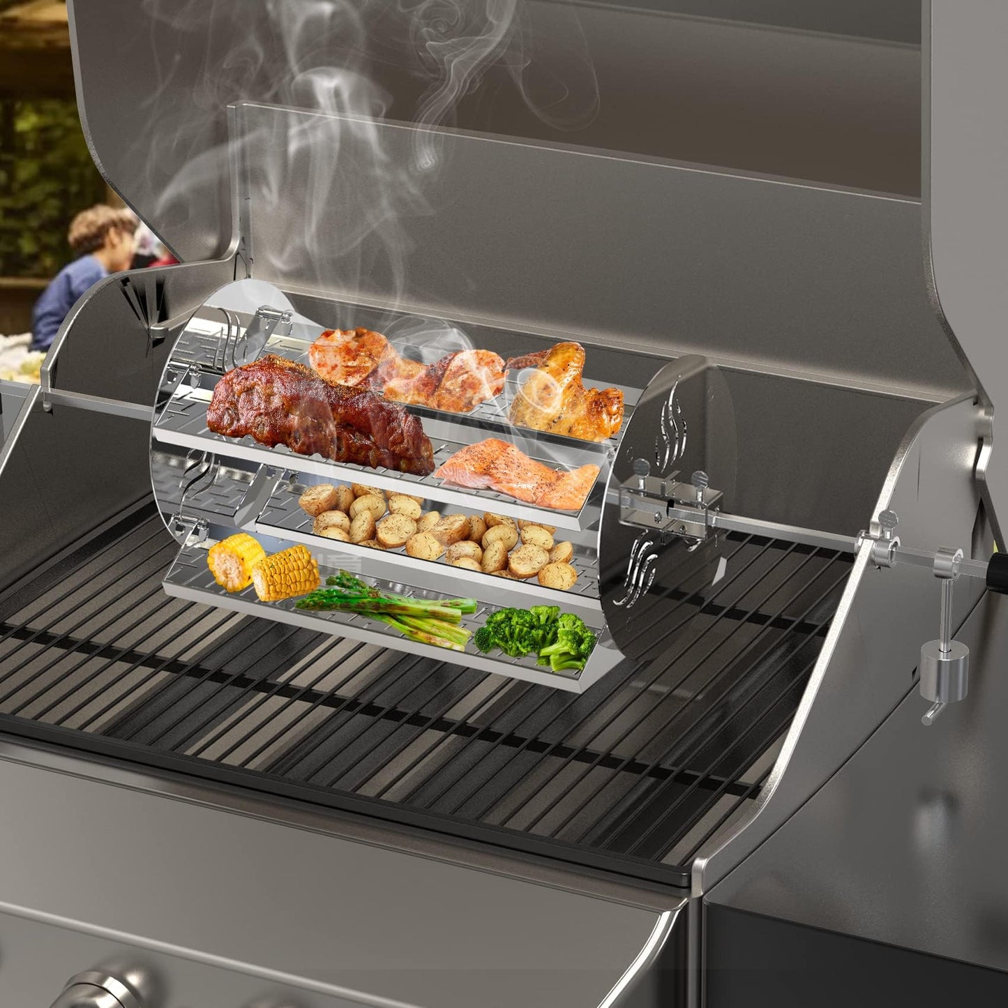 onlyfire 18 inch Round Tumble Rotisserie Basket, Stainless Steel BBQ Rotisserie Rotating Tray for Grills, Fits for 1/2" & 3/8" Hexagon, 3/8" & 5/16" Square Spit Rods