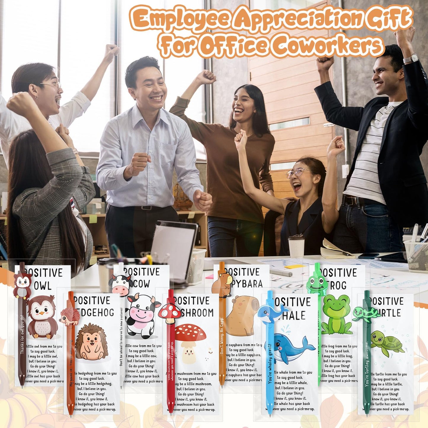 Landical 16 Set Positive Animal Pens Graduation Gift Bulk Cute Funny Pen with Inspirational Card Employee Appreciation Gift for Office Coworker Staff Nurse Teacher Student Classroom