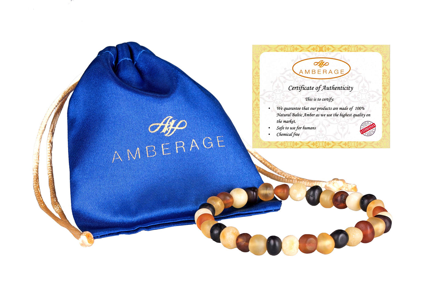AMBERAGE Natural Baltic Amber Bracelet for Adults (Women/Men) - Hand made From Raw-Unpolished/Certified Baltic Amber Beads(6 Colors) (7, Raw-Unpolished Multi)