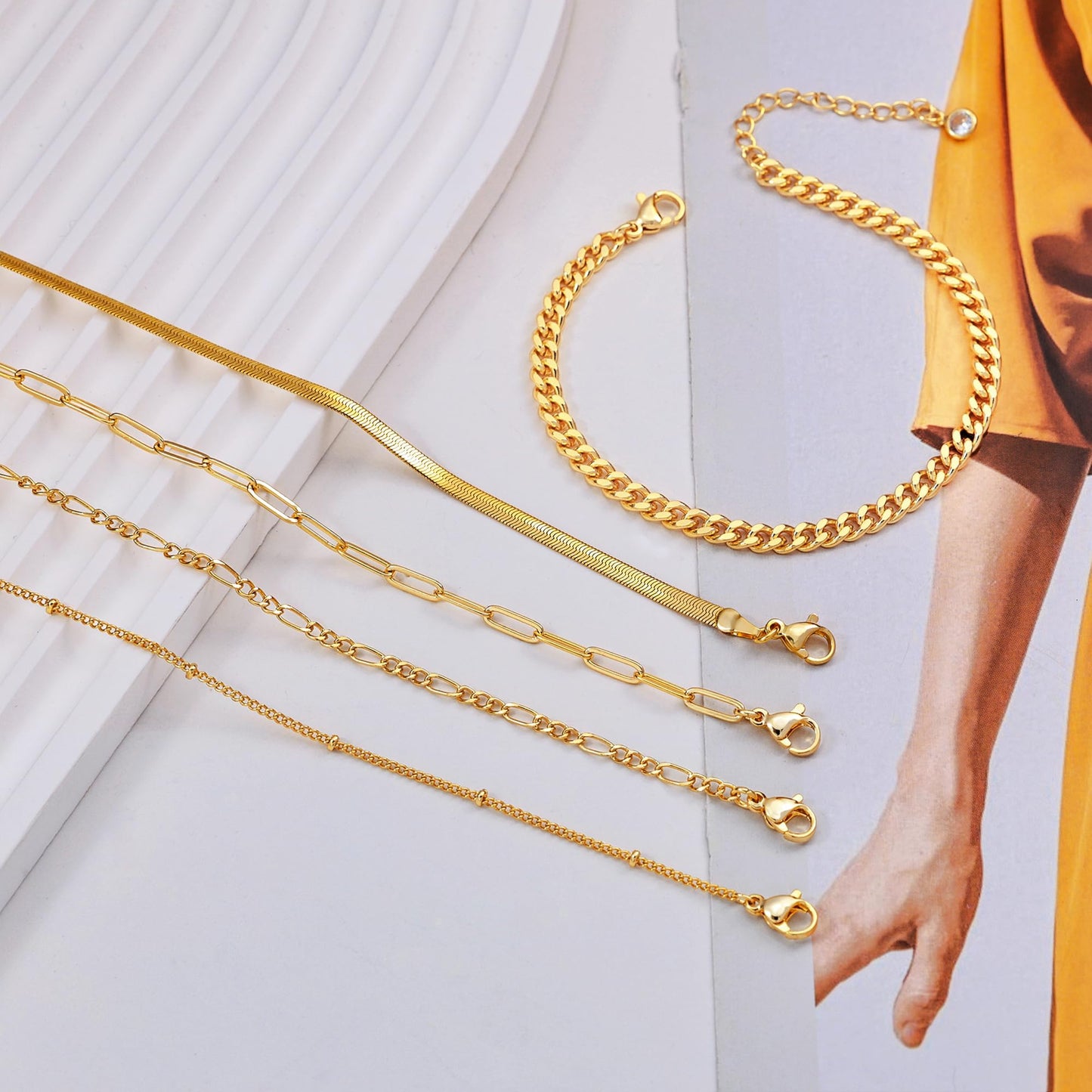 DEARMAY 14K Gold Plated Bracelets for Women Jewelry Sets Stack Trendy Dainty Stackable Paperclip Rope Snake Box Figaro Chain Bracelets Pack Costume Fashion Gifts