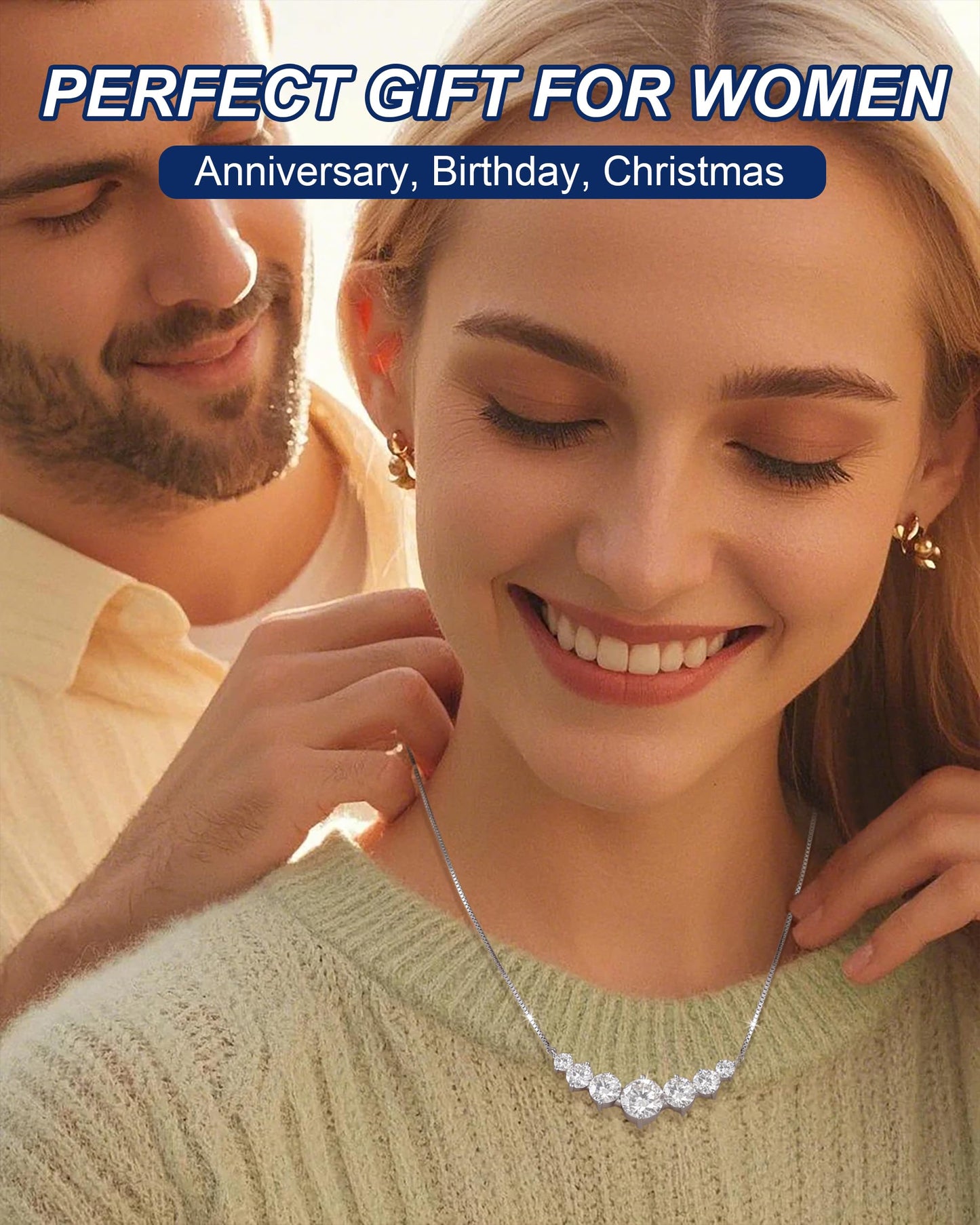 7 Stones Moissanite Necklace for Women, 5.0 Carat Moissanite Pendant Necklace 18k White Gold Plated Sterling Silver Dainty Pendant w/ 16.5+2.5 inch Adjustable Box Chain Fashion Jewelry Gifts for Wife