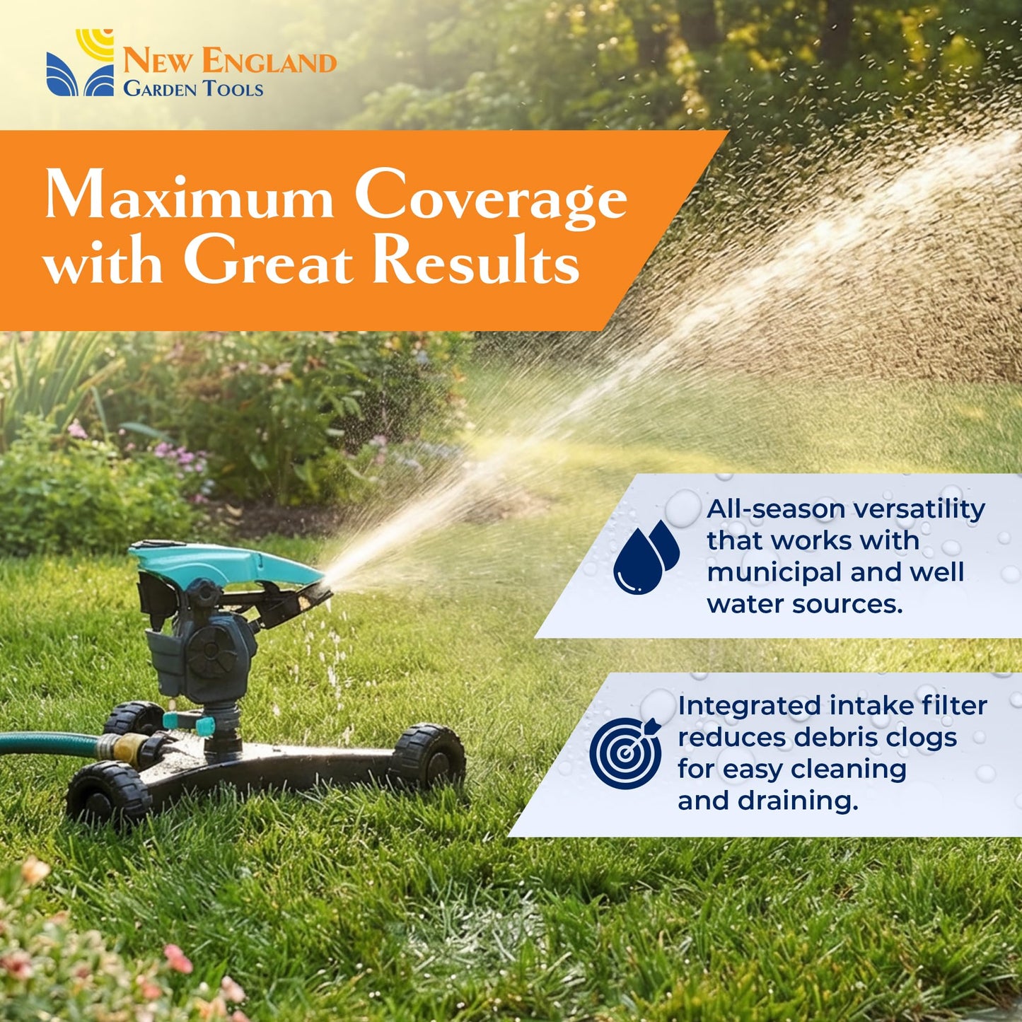 All-new Pulsating Lawn Sprinkler 300011, Impact Sprinkler w/ 70 ft Reach, 360° Range Gear & Pulsating Mechanism, 3,900 sq ft Lawn & Garden Watering, Metal Base w/Wheels, by New England Garden Tools