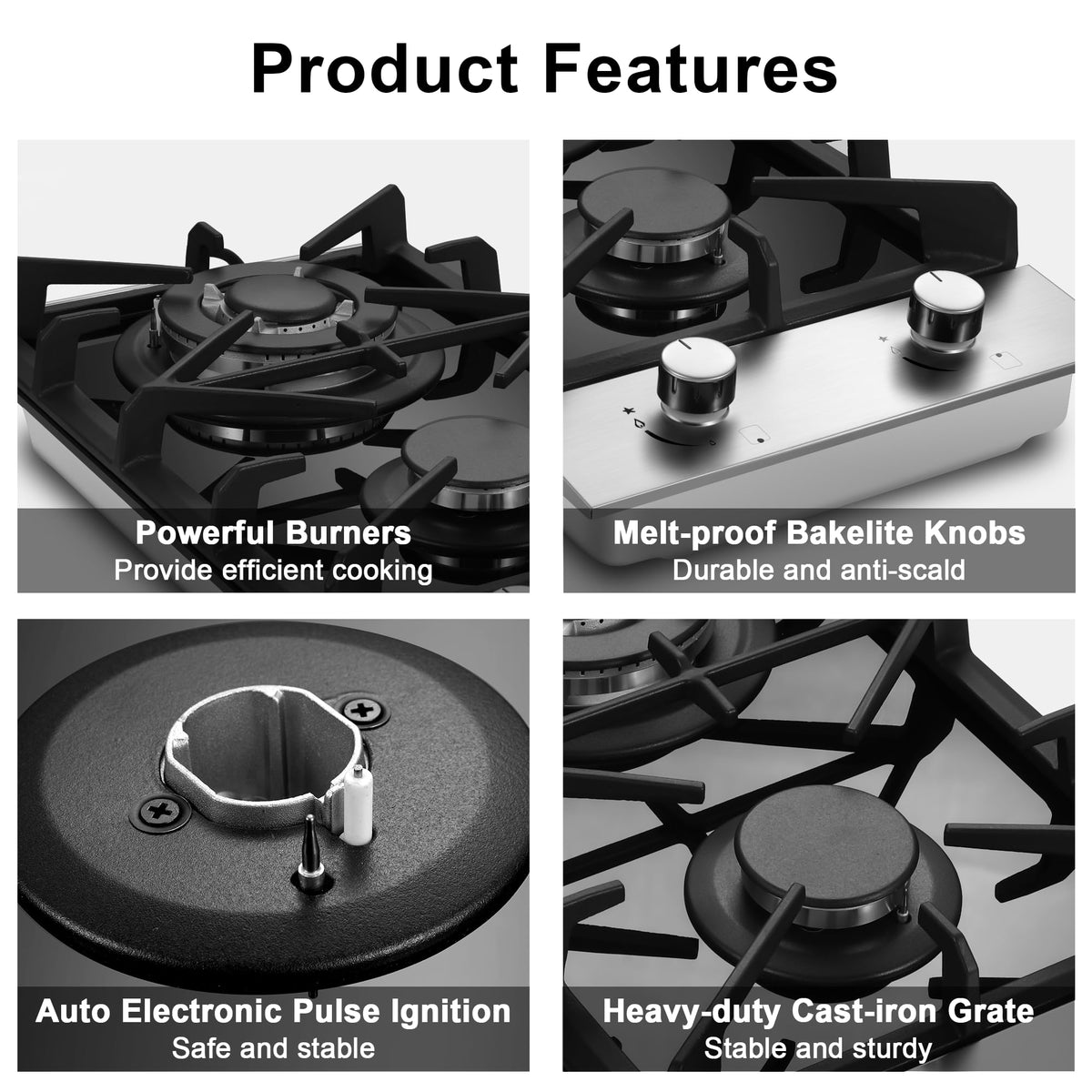 Eascookchef 2 Burner Gas Cooktop, 12 inch LPG/NG Dual Fuel Built-in Gas Stove Top, Black Tempered Glass Stove, Propane Cooktop for Apartment, Outdoor, RV, With Thermocouple Protection