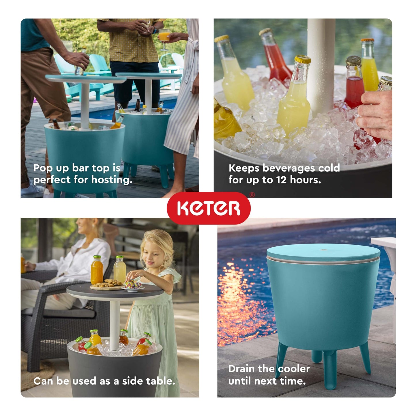 Keter Modern Cool Bar Outdoor Patio Furniture and Hot Tub Side Table with 7.5 Gallon Beer and Wine Cooler, Dark Grey