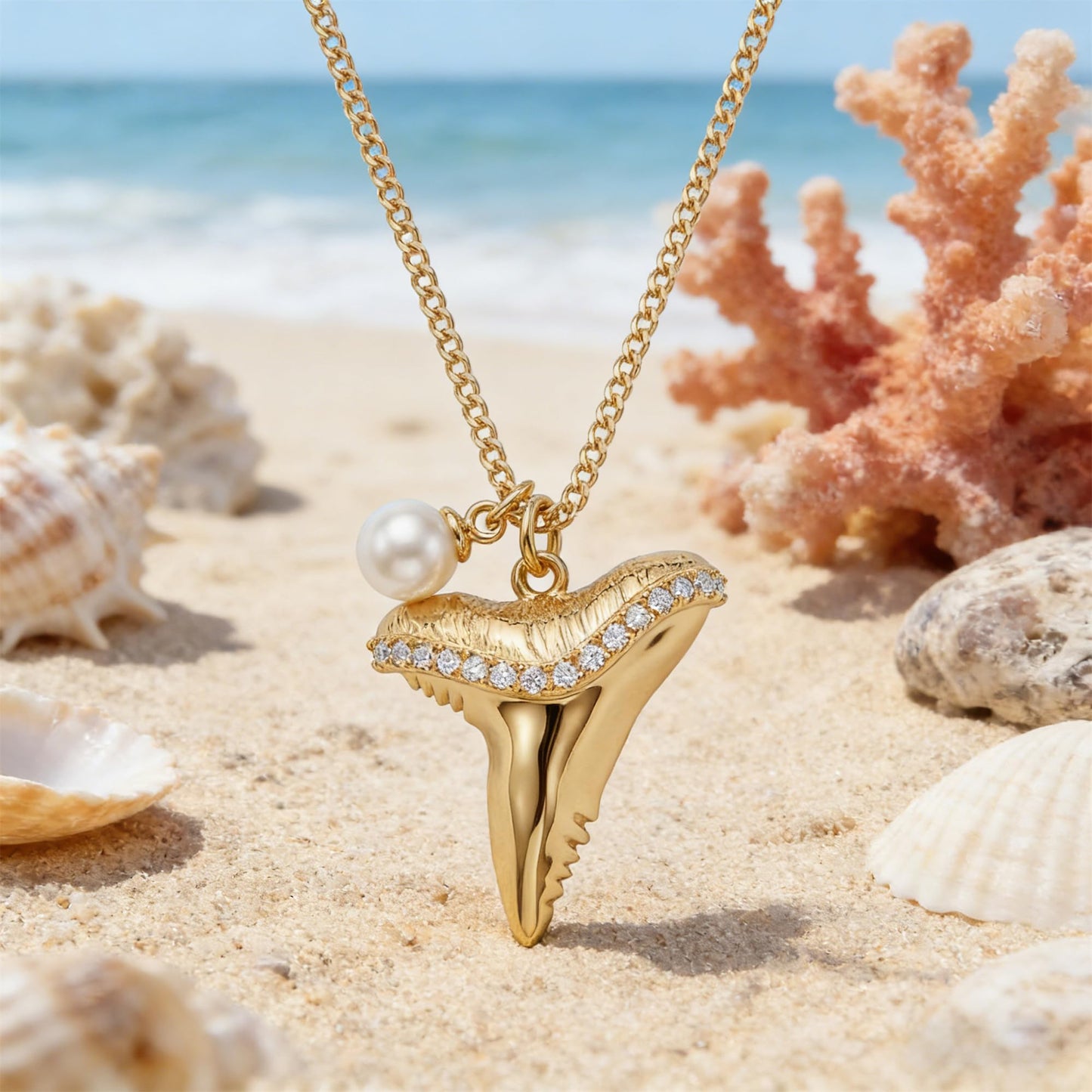 MEVECCO Dainty Gold Shark Teeth Pendent Necklace for Women 18K Gold Plated Cubic Zircon Chain Necklace Boho Handmade Ocean jewelry