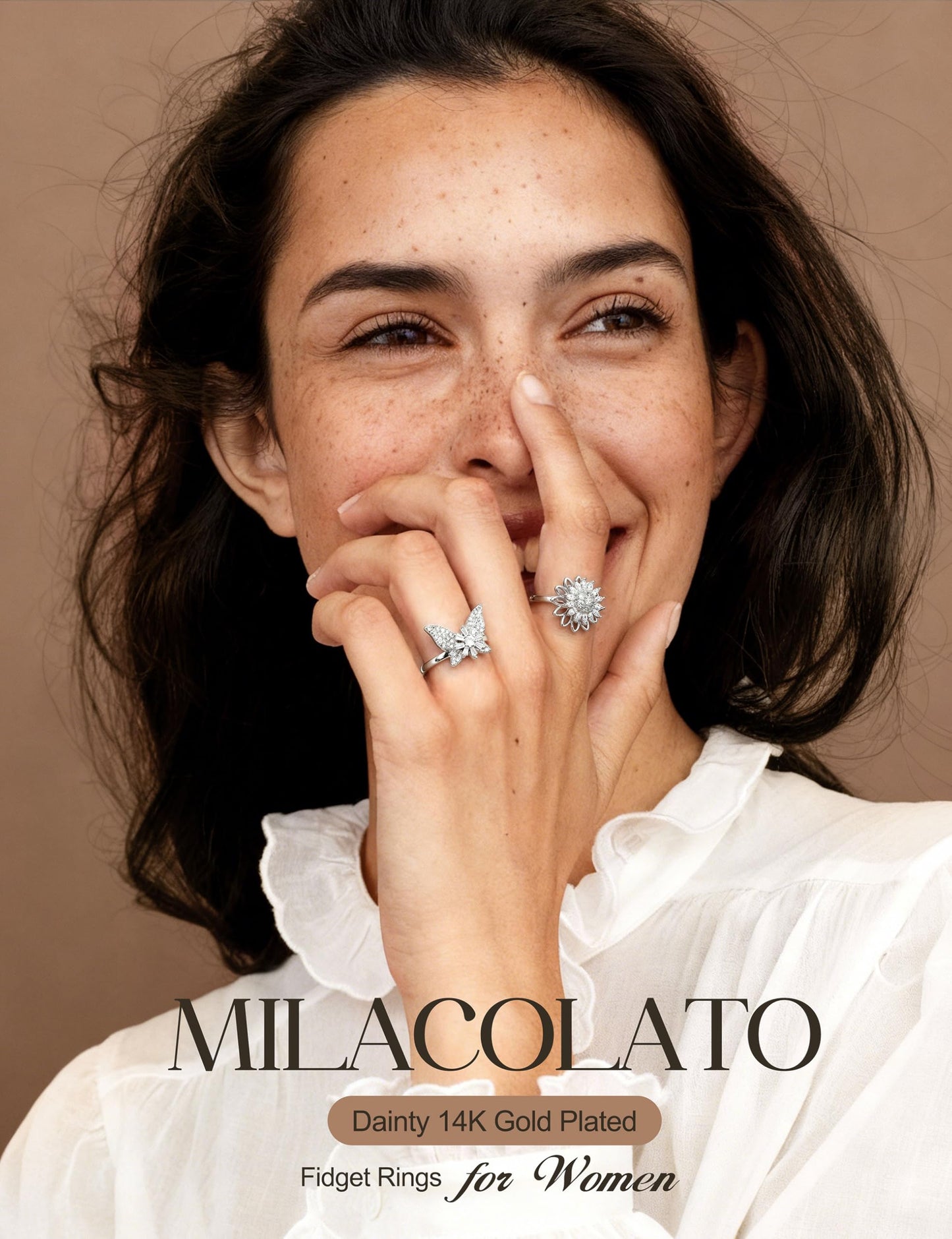 MILACOLATO 14K Gold Plated Fidget Ring for Women Adjustable Anxiety Rings Open CZ Butterfly Sunflower Bead Spinner Rings for Anxiety Stress Relief S