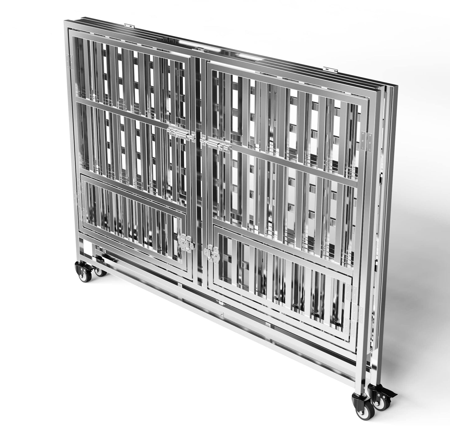 FoQualy Collapsible Stainless Steel Dog Crate, 30" 37" 42" 48" Sizes, Lockable Wheel, with Tray, Stackable, Heavy Duty, Divider, Indoor and Outdoor (48insm)