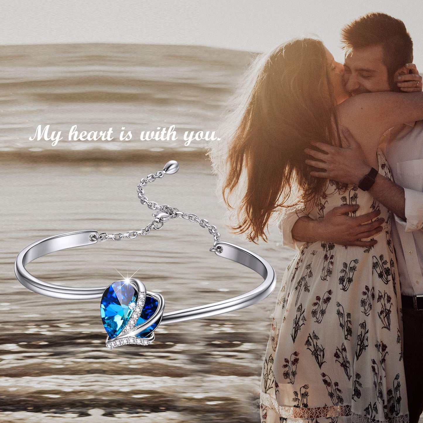 AOBOCO Love Heart Bangle Bracelet Sterling Silver Women Bracelet Embellished with Blue Crystals from Austria, Fine Anniversary Birthday I Love You Jewelry Gifts for Women Wife Girlfriend Daughter Mom