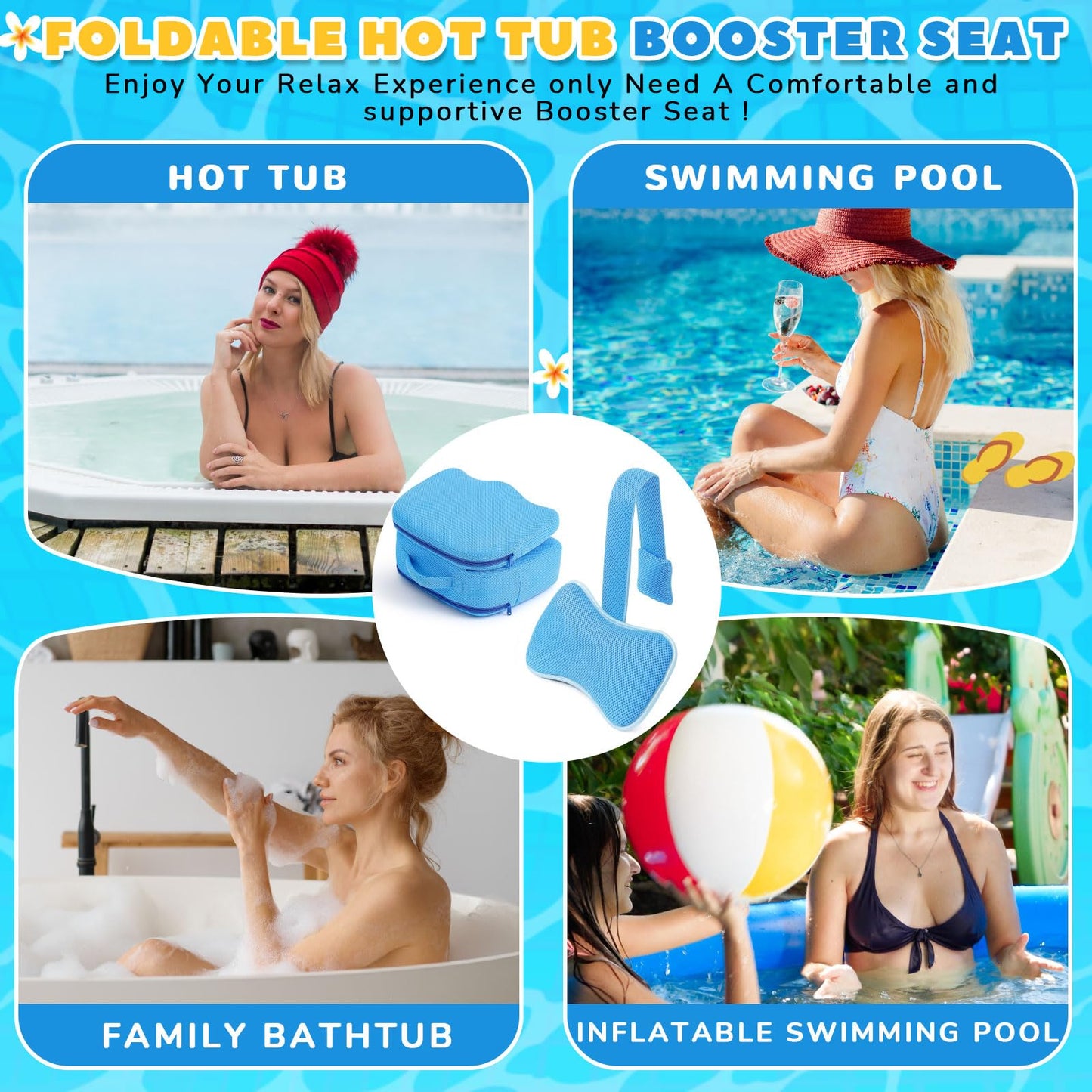 Yerliker 2 Pcs Foldable Hot Tub Booster Seat with Bath Pillow, Inflatable Adjustable Height Spa Cushion with Suction Cups, Weighted Marbles, Extra Thick Bathtub Seat with Back Support