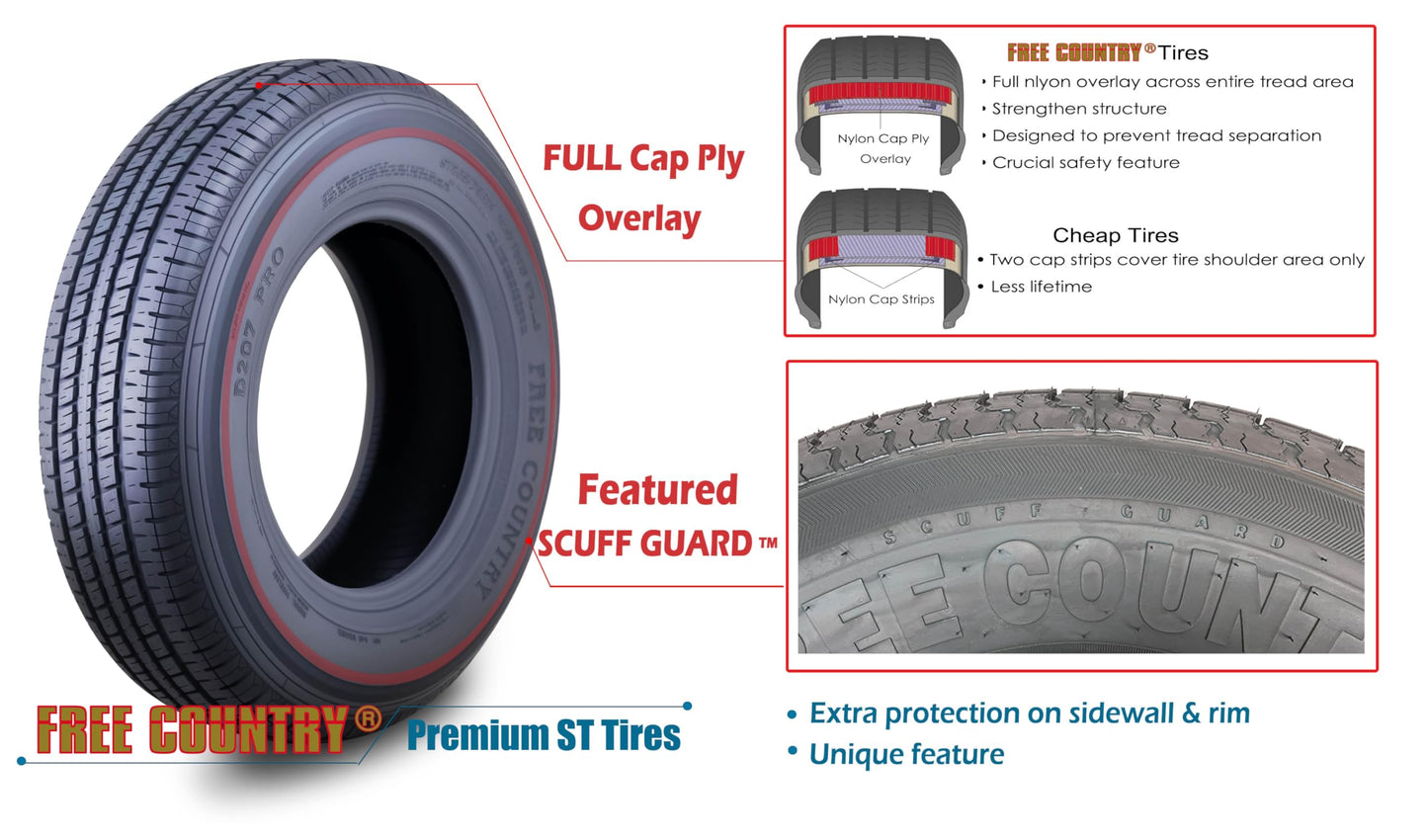 Free Country Trailer Tire Wheel Assembly ST225/75R15 10-Ply E 117M 6 Lug on 5.5" PCD Silver Mod Rim