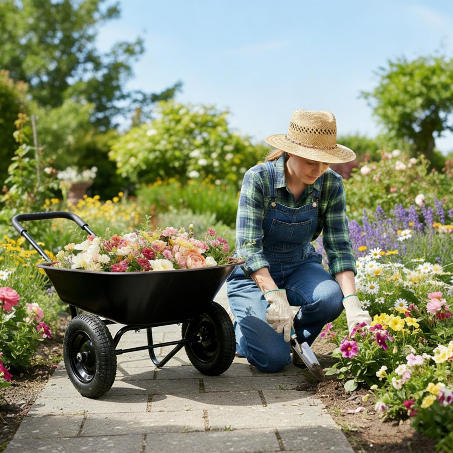 ERGOMASTER Dual-Wheel Wheelbarrow, Home Utility Garden Cart, 330 LBS Capacity, Large Heavy Duty Yard Cart for Gardening & Planting, Lawn, Farm, Construction Site, Black