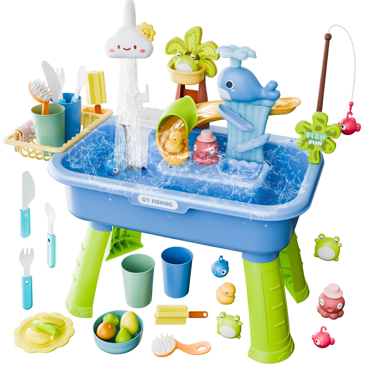 Cosminy 2026 Upgraded Water Table for Toddlers 3+, Water Table for Kids Ages 4-8 with Pump, Play Sink with Running Water, Kitchen Sink for Toddlers, Fishing Game and Outside Sensory Toys (Blue)