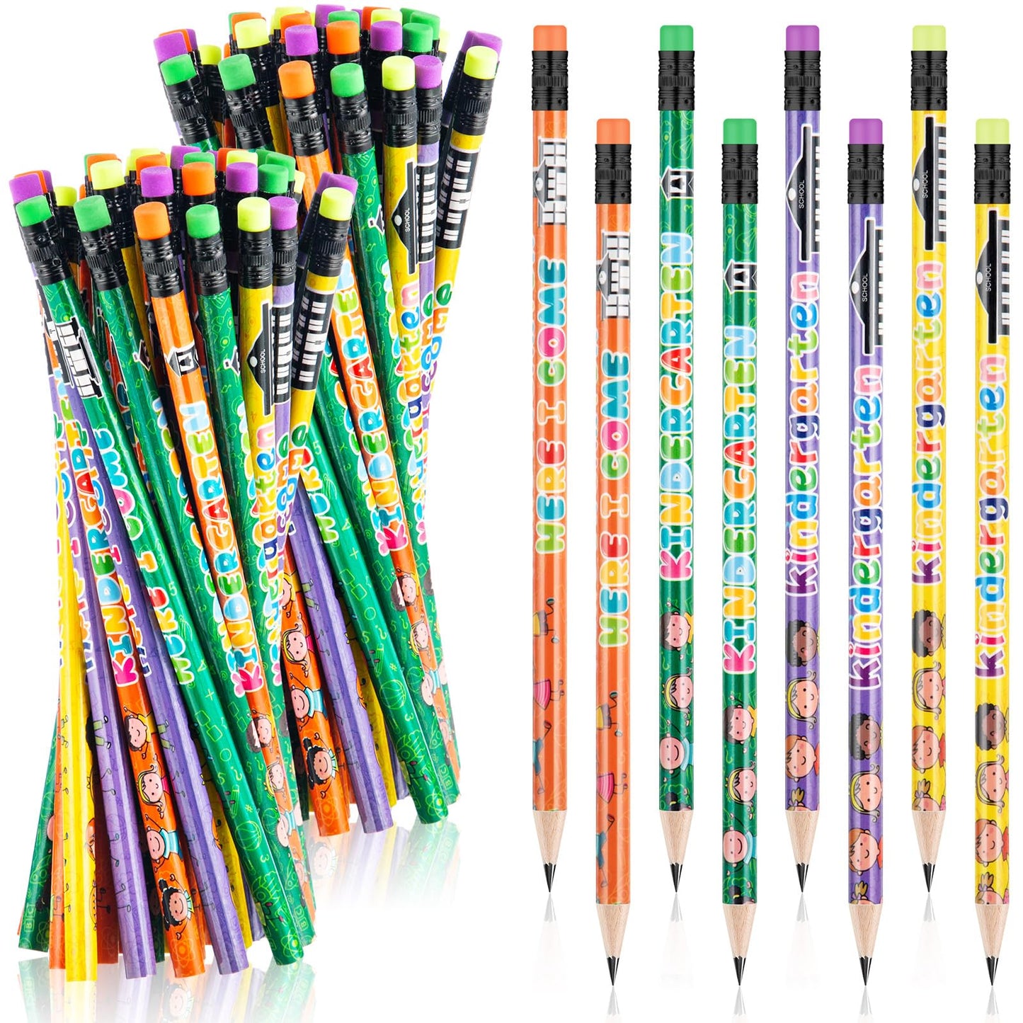 Spakon 100 Pcs Kindergarten Pencils for Kids Girls Cute Kindergarten Pencils Kindergarten Here I Come School Supplies for Classroom Reward Party Favor with Erasers