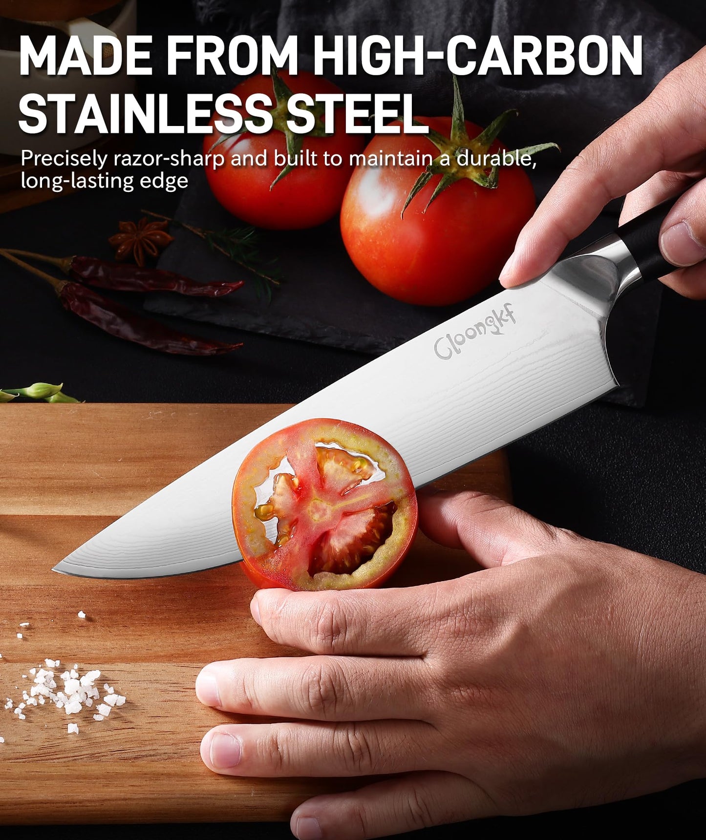 Cloongkf 3-Piece Damascus Kitchen Chef Knife Set- 8" Chef Knife, 7" Santoku, 5.5" Utility Knife Japanese High Carbon Stainless Steel with G10 Handle Gift Box Cutting Tools for Meat, Vegetables