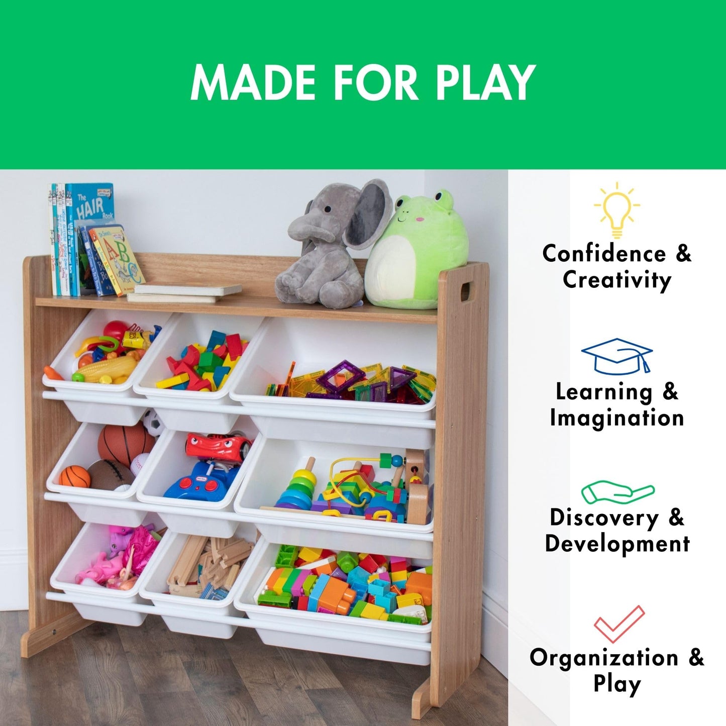 Humble Crew Toy Storage Organizer with Top Shelf and 9 Removable Bins, Natural/White – Toddler Bookshelf with Toy Organizer - Modern Toy Rack Ideal for Kids' Rooms, Playrooms, and Nurseries