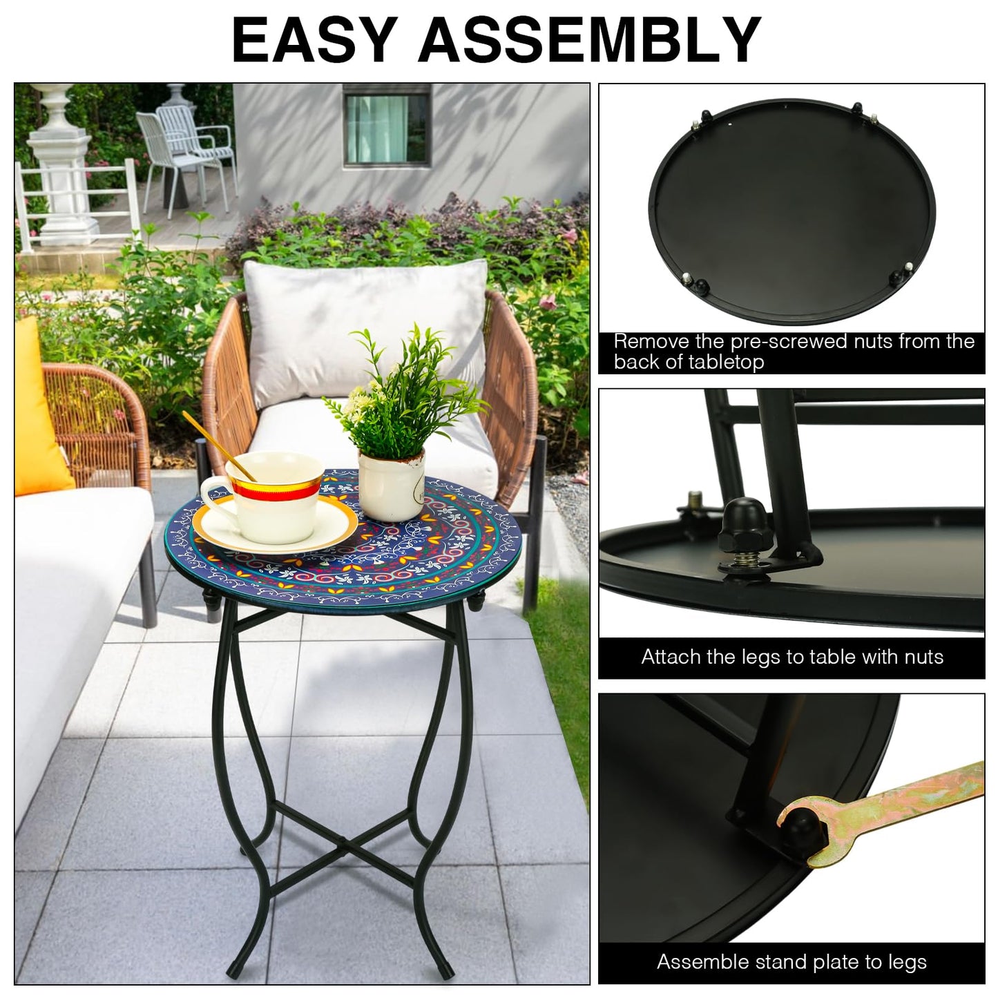 Outdoor Metal Side Tables, 14" Round Patio Side Table, Weather Resistant Metal End Table Side Table for Patio Yard Porch Balcony Garden Bedside, Plant Stand for Indoor, Easy Assemble
