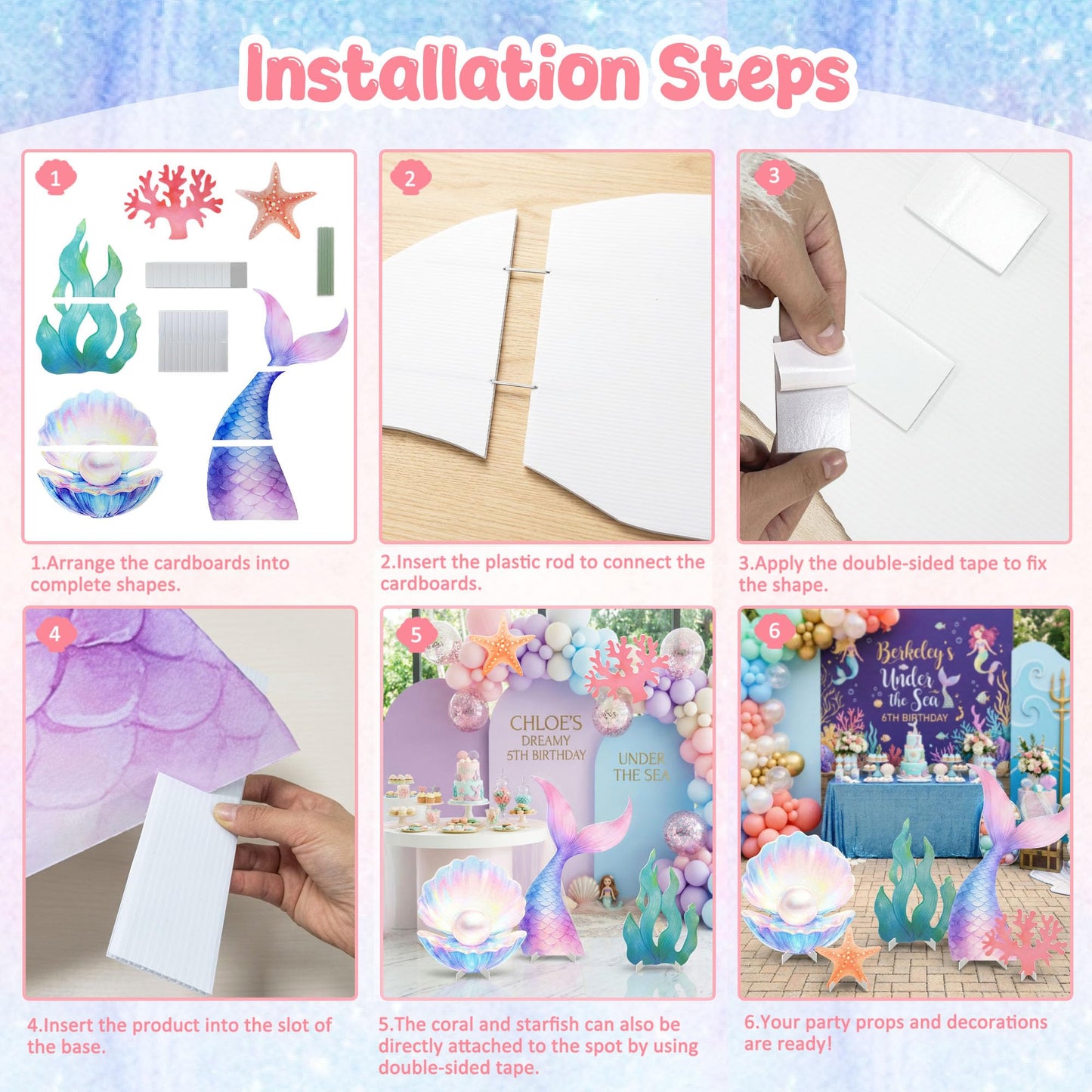 CORALMEE 5 Pcs Large Under the Sea Party Decorations Mermaid Birthday Decorations, Ocean Theme Party Supplies Mermaid Tail Shell Starfish Seaweed Coral Stand Up Cardboard Cutouts for Baby Shower