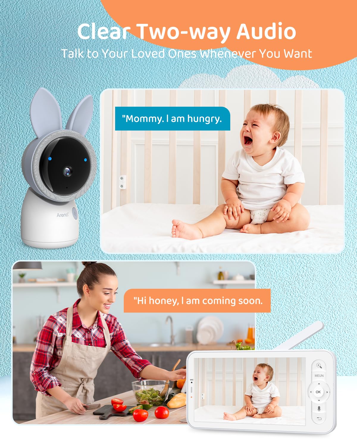 ARENTI Upgraded Baby Monitor with 2 Cameras, 4MP 2.4G&5G WiFi Baby Camera Monitor, Infrared Night Vision, Night Light, 2-Way Audio, Cry&Motion Detection, Temp&Humidity Sensor, App Control