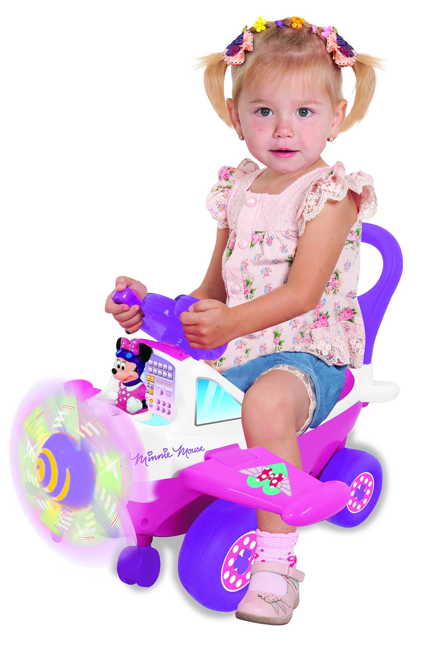 Kiddieland Disney My First Minnie Ride-On Plane Toy with Music, Lights & Sounds, Steering Wheel, 360° Turning, Horn, Foot-to-Floor Toddler Vehicle
