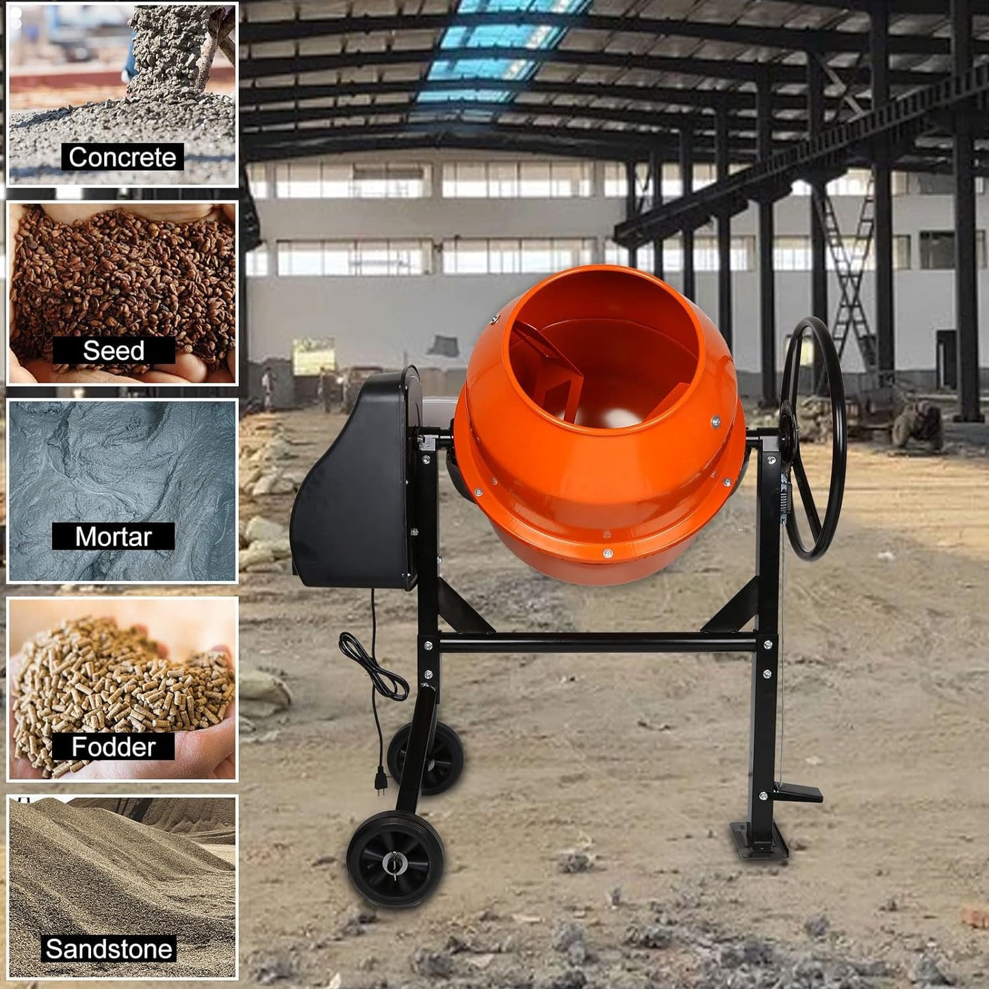 DAJYAWON Electric Cement Mixer, 4.3 Cubic Ft. Concrete Mixer with 550W Motor & 7-inch Wheels, 2/3 HP Portable Concrete Mixing Machine Tools for Stucco, Mortar, Seeds, Feed