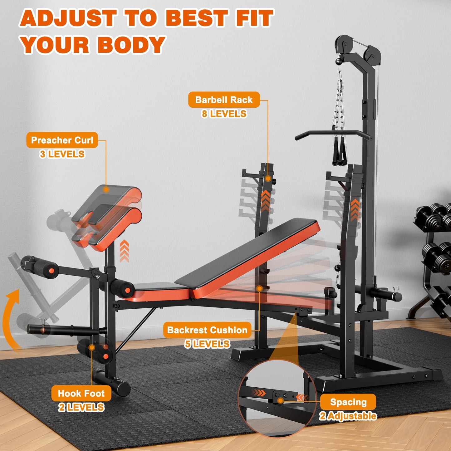XDDIAS Weight Bench, 9 in 1 Olympic Weight Bench Set with LAT Pulldown and Rowing, 900LBS Bench Press Set with Leg Extension and Preacher Pad, Flat Incline Bench for Weight Lifting Full-Body Workout