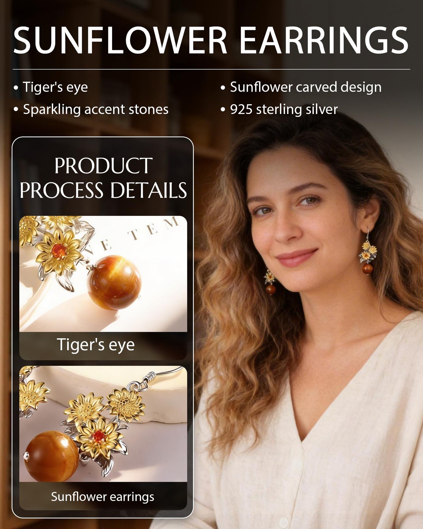 Gold Sunflower Earrings for Women - 925 Sterling Silver Dangle Earrings with Tiger’s Eye Women’s Jewelry Gift for Birthday, Valentine’s Day