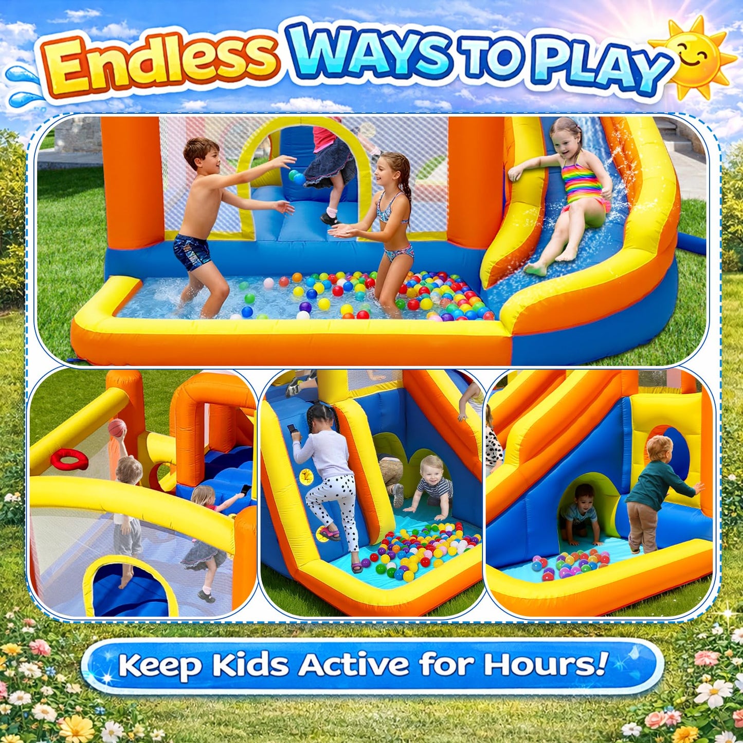 Baralir 16.5x11FT Heavy Duty Bounce House Water Slide Combo for Big Kids, Wet/Dry Split Play Zones, Kids Bounce House with 2 Independent Slides, 2 Climbing Walls & 2 Pools, 2 Crawl Tunnels