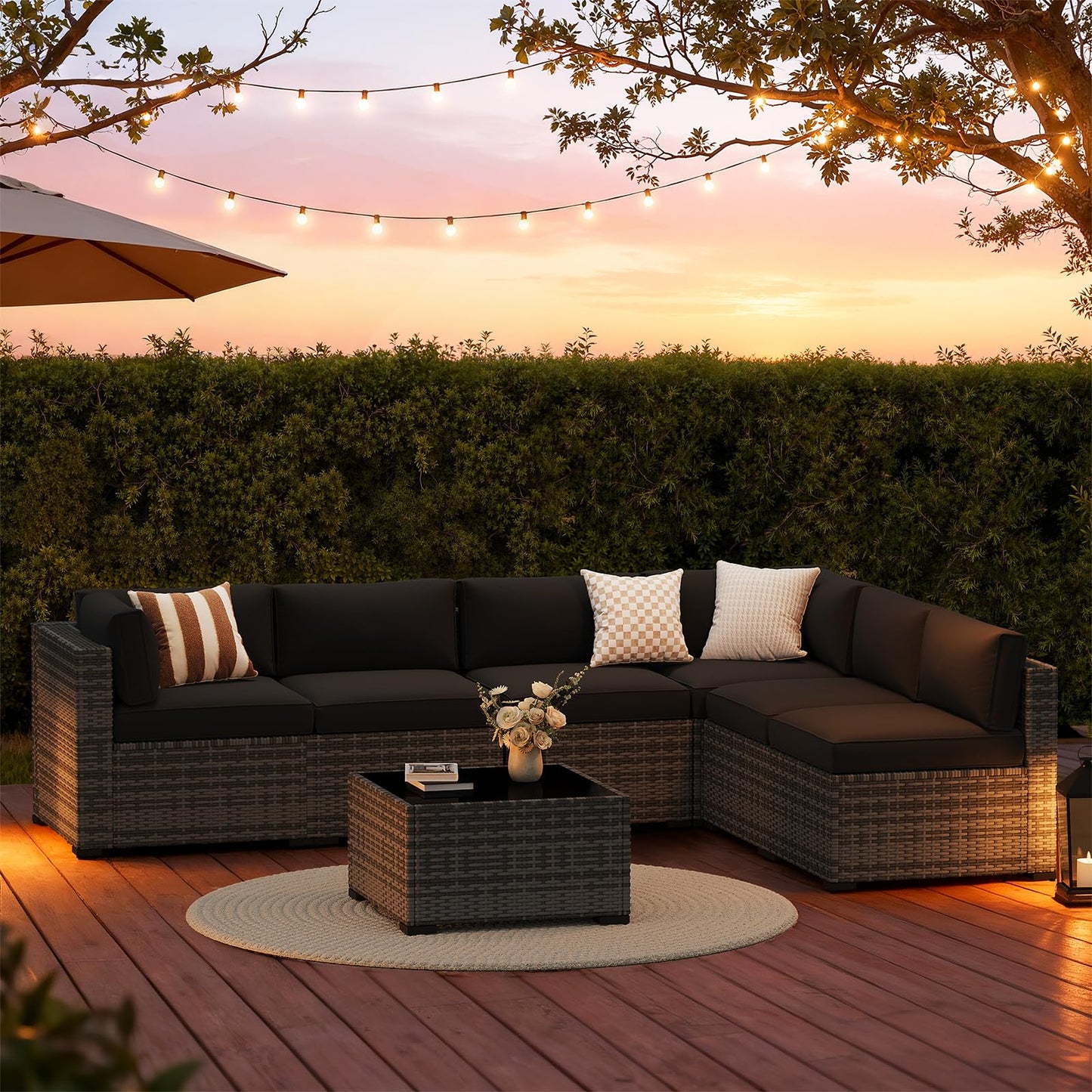 LazySunsets 7-Piece Patio Furniture Set, Wicker Rattan Outdoor Furniture with Thick Cushions, Patio Conversation Sets with Coffee Table, Outdoor Sectional Couch Sofa with Waterproof Cover, Black