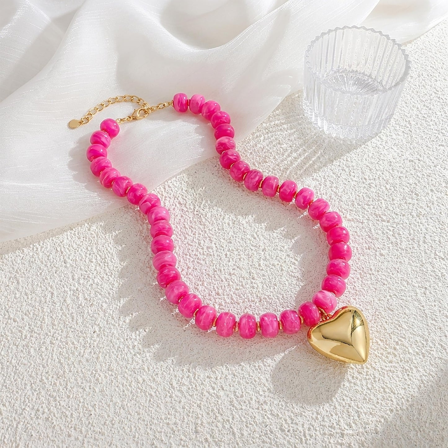 ENSKEFEN Chunky Necklaces for Women Rose Red Resin Beaded Choker Necklace Big Gold Puffy Heart Pendant Necklace Trendy Statement Necklace Jewelry