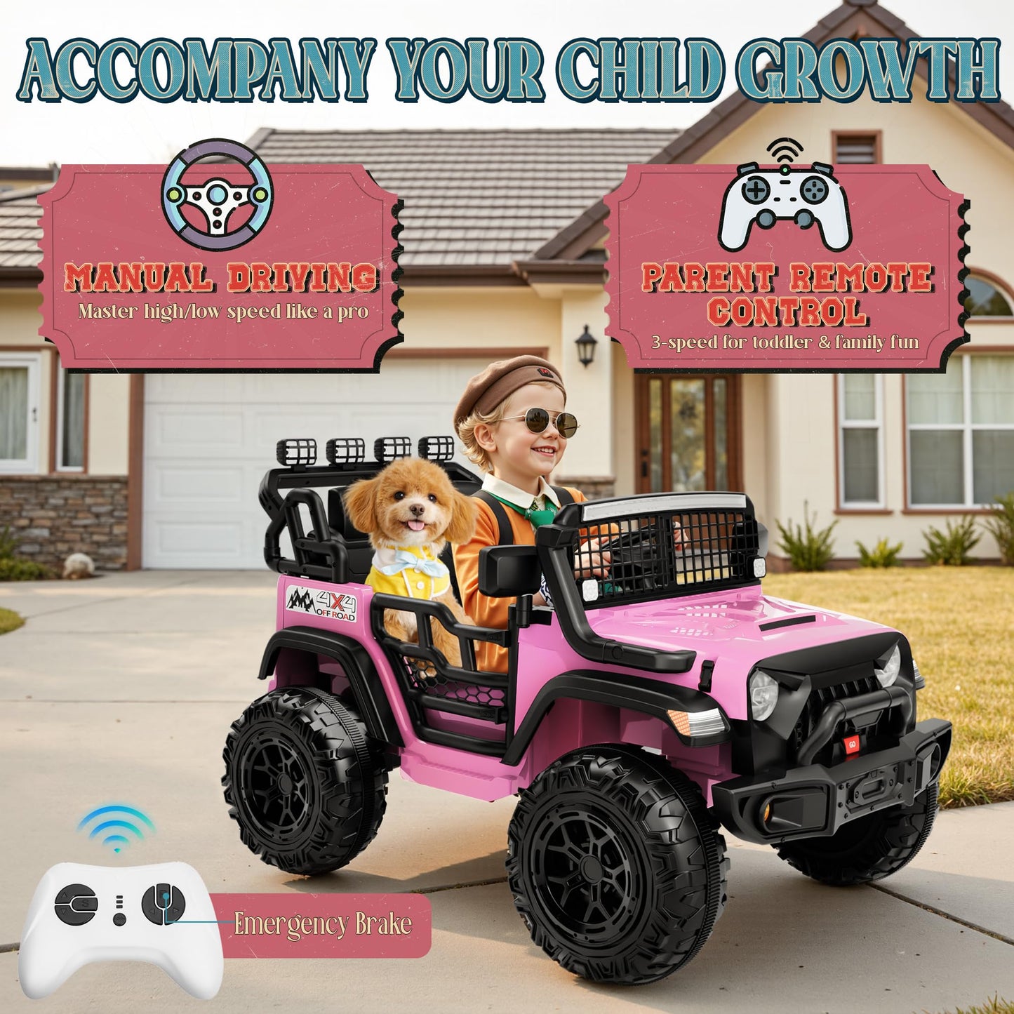 JORFLY 24V Ride on Toys for Big Kids, 20'' 2-Seater Electric Ride On Car Truck w/800W Motors, Remote Control, Mult-Led Lights, 3 Speeds, Bluetooth, Shock Absorption, Power Car Wheels for Kids, Pink