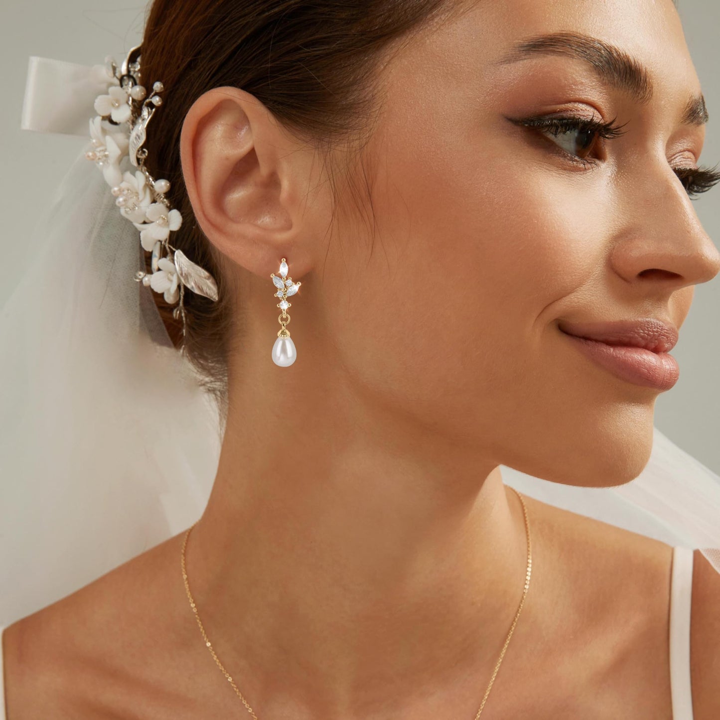 Pearl Earrings for Women, 14k Gold Plated Trendy Diamond Pearl Drop Earrings Hypoallergenic Dainty Bridal Gifts Wedding jewelry for Women