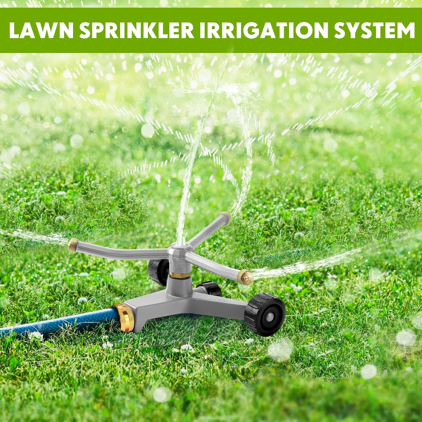 Tiangrid 2 Pcs Metal Rotary Lawn Water Sprinkler 3 Arm Heavy Duty Automatic Revolving Whirling with Wheeled Base for Lawn Yard Garden Backyard, Can Be Chained Together