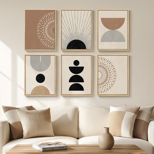 6 Piece Framed Boho Neutral Wall Art Set, Modern Abstract Geometric Canvas Painting Prints, Brown Black and Beige Minimalist Picture Artworks for Living Room Dining Room Bedroom 11x14 Inch
