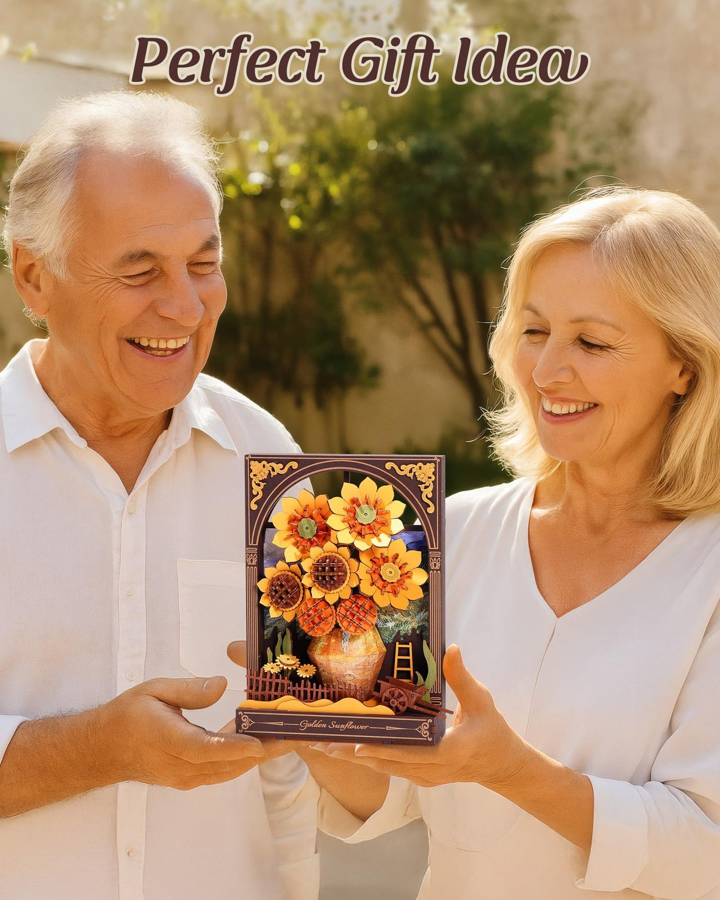 Wowood 3D Wooden Puzzles for Adults - Van Gogh Golden Sunflower DIY Model Building Kits with LED Light - Gifts for Mothers Day - Home Decor, Wall Art & Unique Creative Gifts for Art Lovers/Men/Women