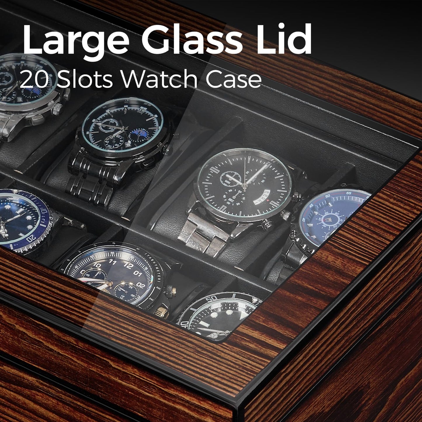 BEWISHOME High-End Watch Box, 20-Slot Watch Case with Large Glass Lid, Wooden Watch Cases for Men, Watch Storage, Watch Organizer, Synthetic Leather Interior, Brown SSH04Y