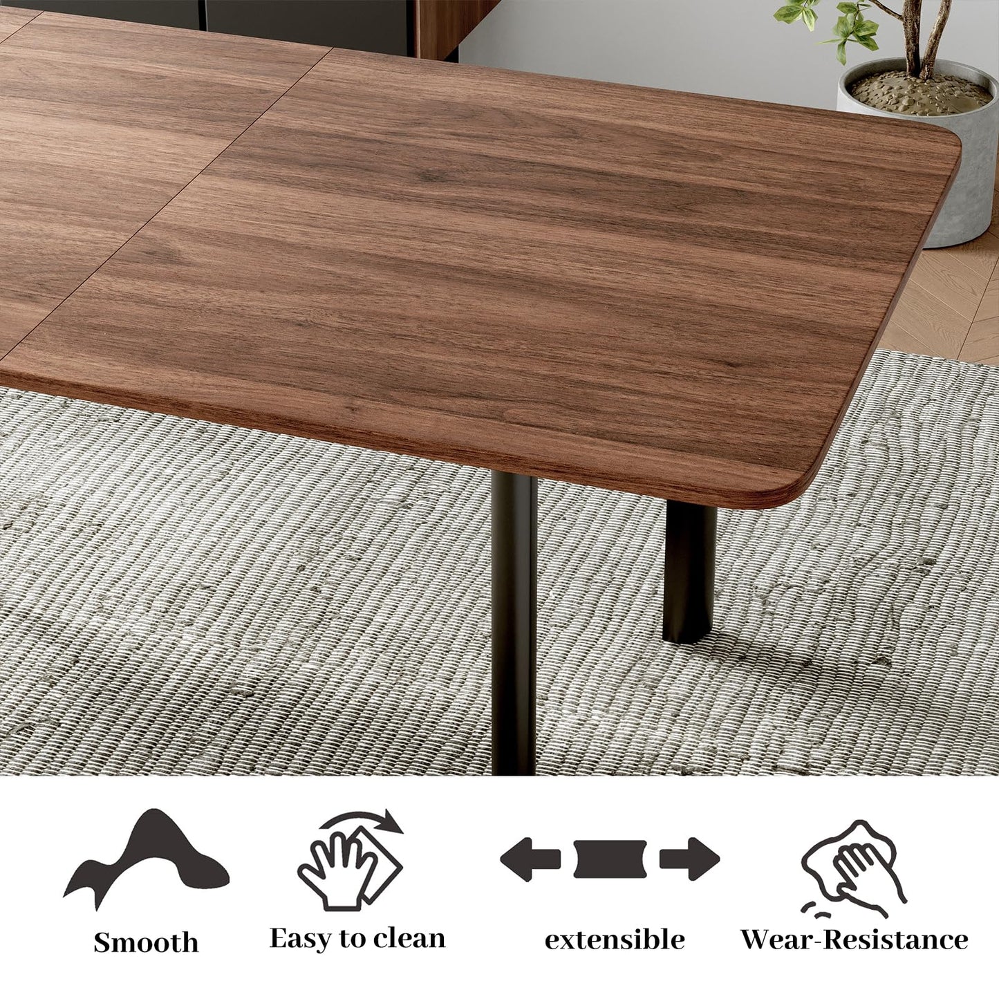 HIPIHOM 63"- 78.7" Extendable Dining Table Set for 6, Modern Kitchen Table with 6 PU Leather Chairs, Thickened Expandable MDF Wooden Table with Metal Legs for Dining Room, Kitchen, Living Room