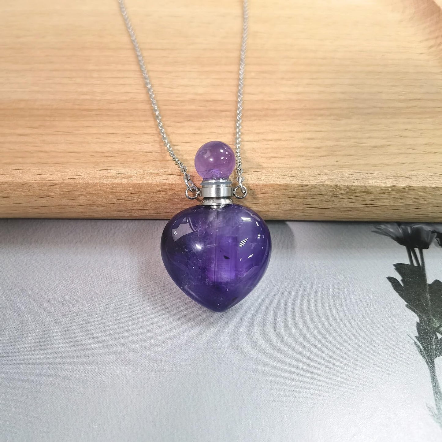 Ladywowu Amethyst Necklace, Make a Wish Perfume Bottle Necklace, Crystal Heart for February Birthstone Jewelry, Small Vial for Liquid, Essential oil