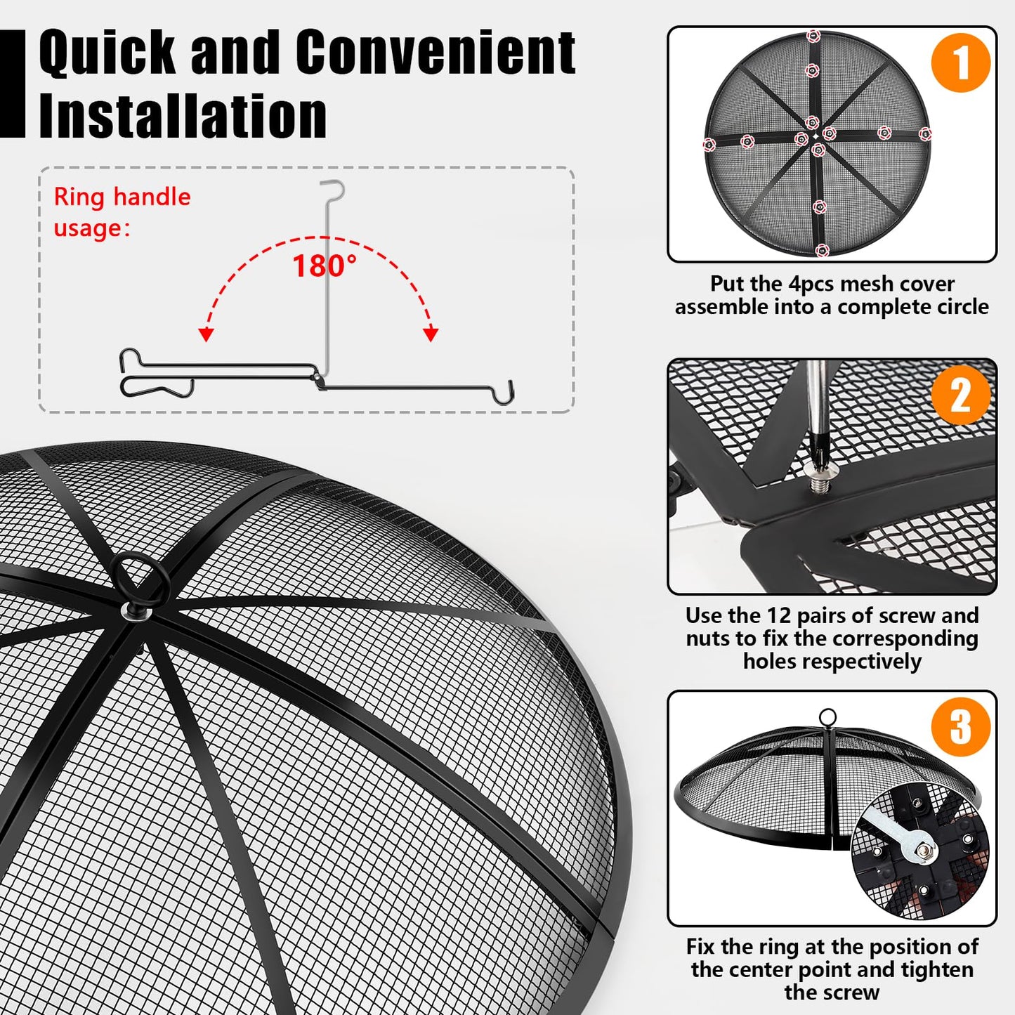Fire Pit Spark Screen, Fire Pit Screen 40 Inch Round with Handle & Poker, Collapsible Heavy Duty Mesh Fire Pit Cover Fire Pit Lid for Outdoor/Patio/Backyard/RV Camping/Beach
