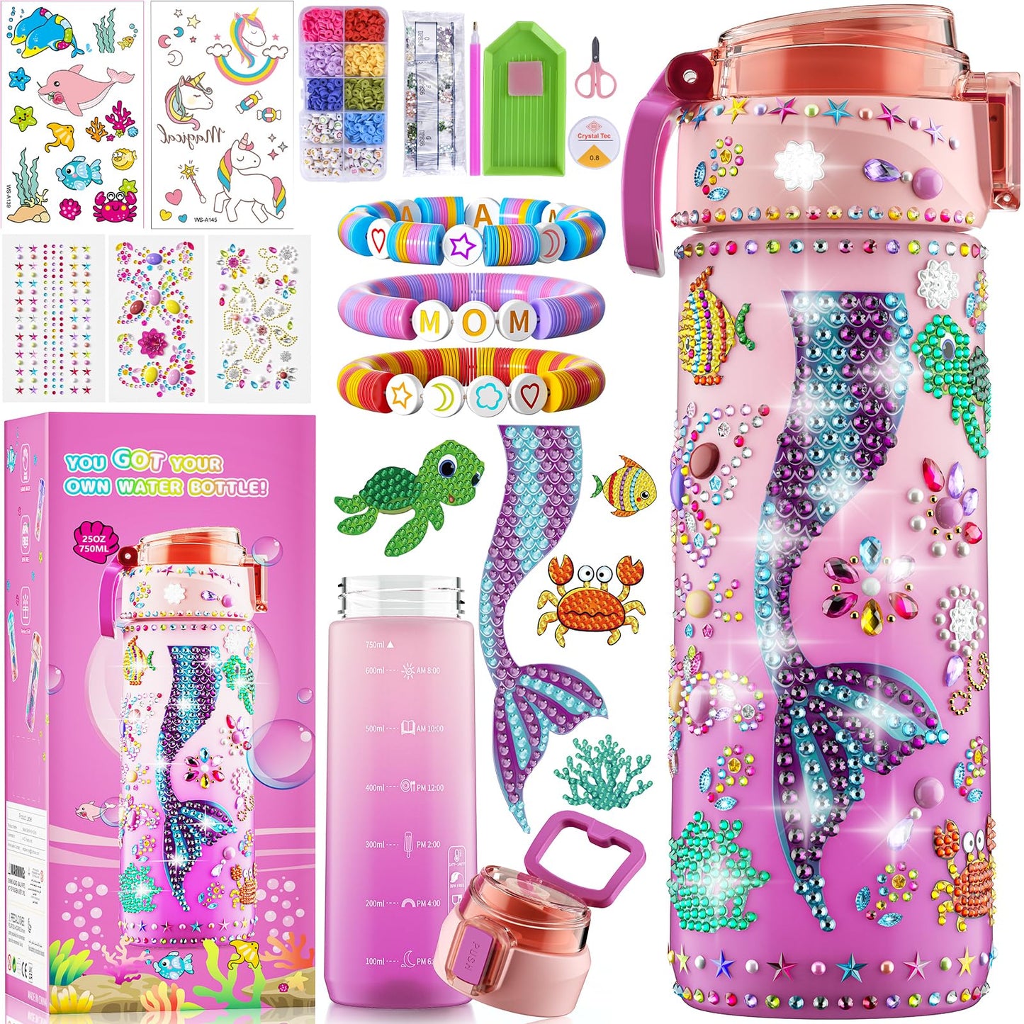 BOOH Decorate Your Own Water Bottle Kits for Girls, Mermaid Painting Diamond Art & Bracelet Making Kit for Girl, Crafts for Kids Ages 4-8, Birthday Christmas School Gifts (Mermaid)