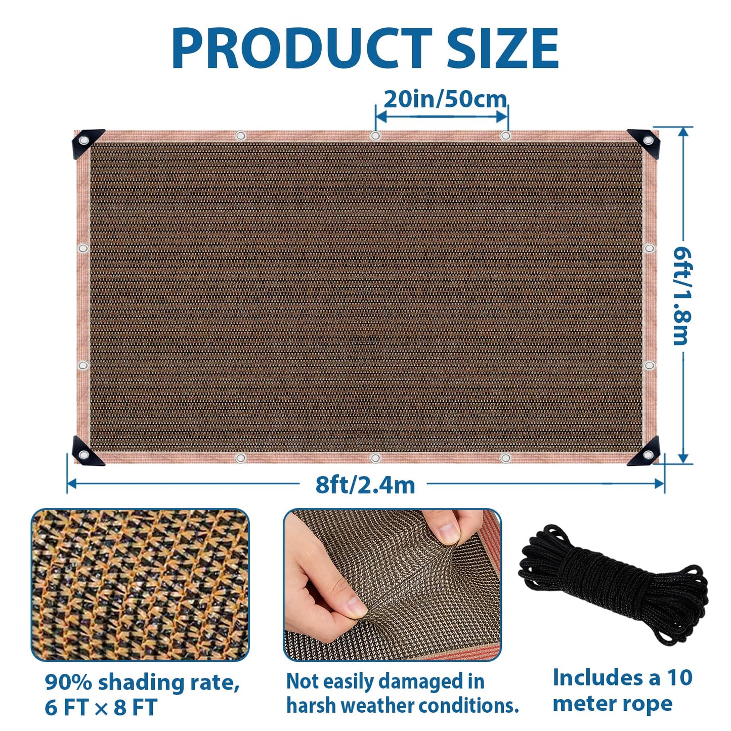 LCYFBE 90% Shade Cloth Sun Shade Fabric Privacy Screen Shade Cover for Patio Garden Pergola Shade Cover Canopy with Gromments, 6 x 8 FT, Mocha