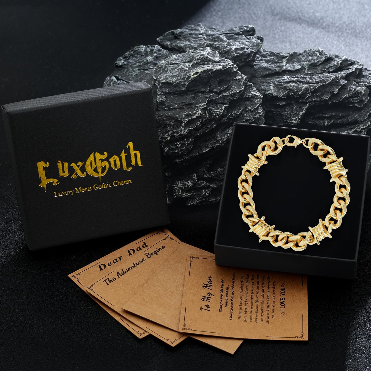 LuxGoth Stainless Steel Barbed Wire Thorns Chunky Cuban Link Chain Bracelet Gothic Punk Rock Biker Vintage Viking Brambles Link Curb Bracelet Jewelry for Men Women Gold GTS-B1B45052