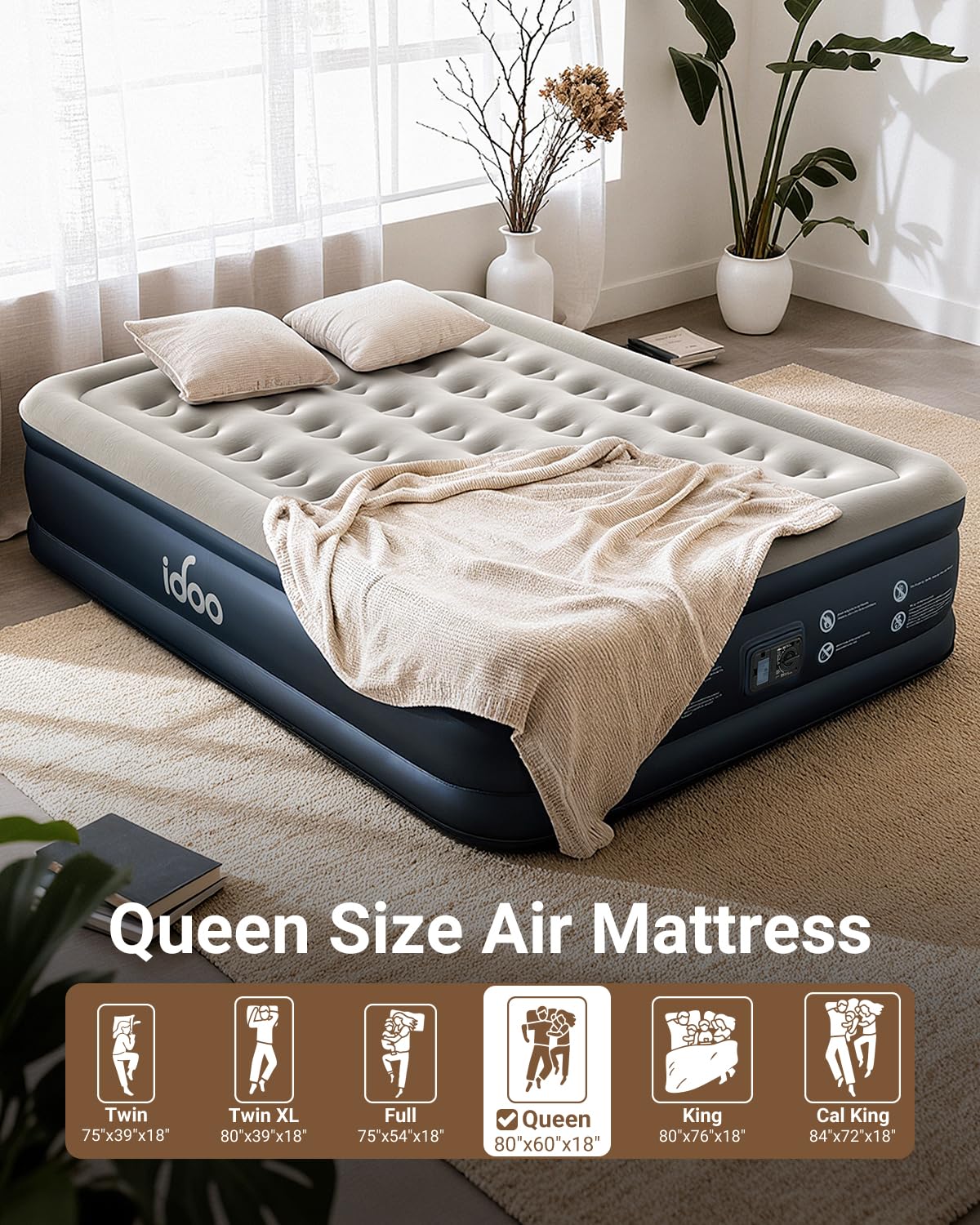 iDOO Queen Air Mattress with Built in Pump, 18 Raised Comfort Inflatable Blow up Mattress, Upgraded Support Structure Portable Air Bed for Camping, Guests and Home, Colchon Inflable, Gift for Mom