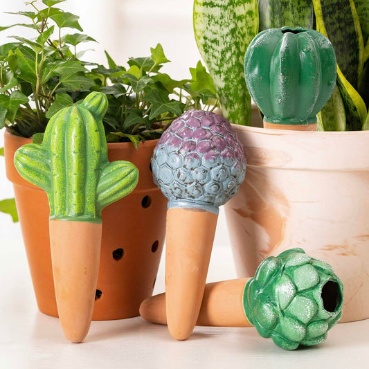 4 Pack Watering Globes - Terra Cotta Watering Spikes for Indoor Plants, Handcrafted Cactus Shape Self Watering Devices with Slow Release System, Plant Water Bulbs for Vacation & Outdoor Pots