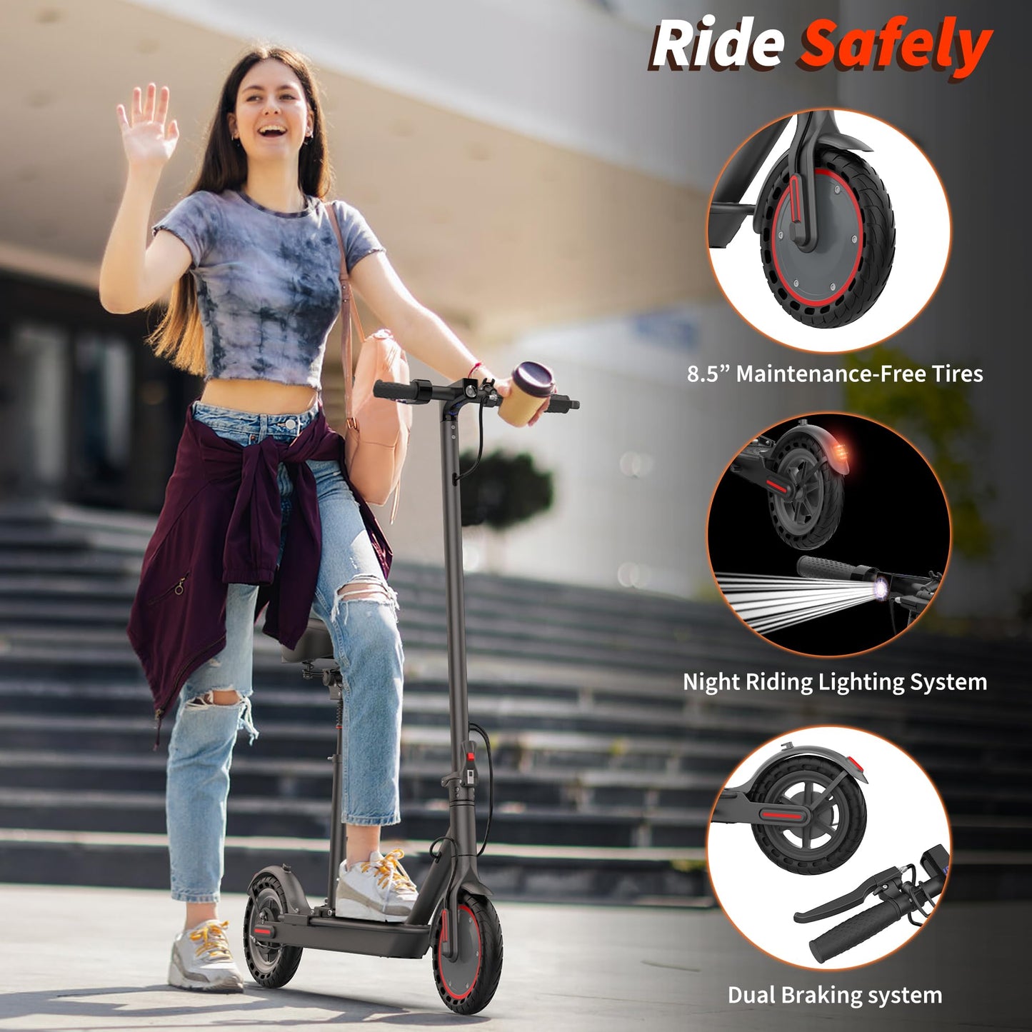 Folding Electric Scooter for Adults with Seat- 19MPH & 21-Mile Range, 350W Motor, 8.5" Solid Tires with App Control & Dual Brake System - UL2272 Certified Commuter E-Scooter